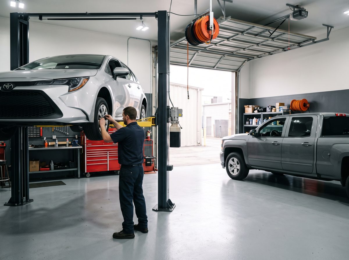 A car raised on the two-post lift in the Atomic City service bay, a technician working at the wheel