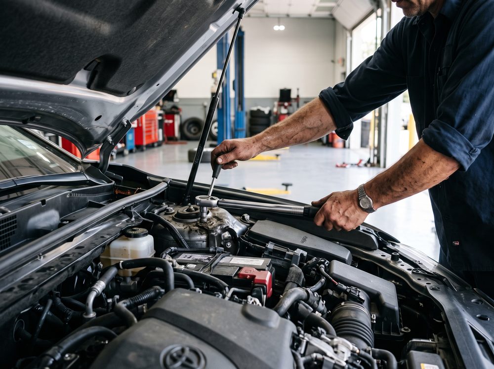 A technician torquing a suspension component under the open hood of a car