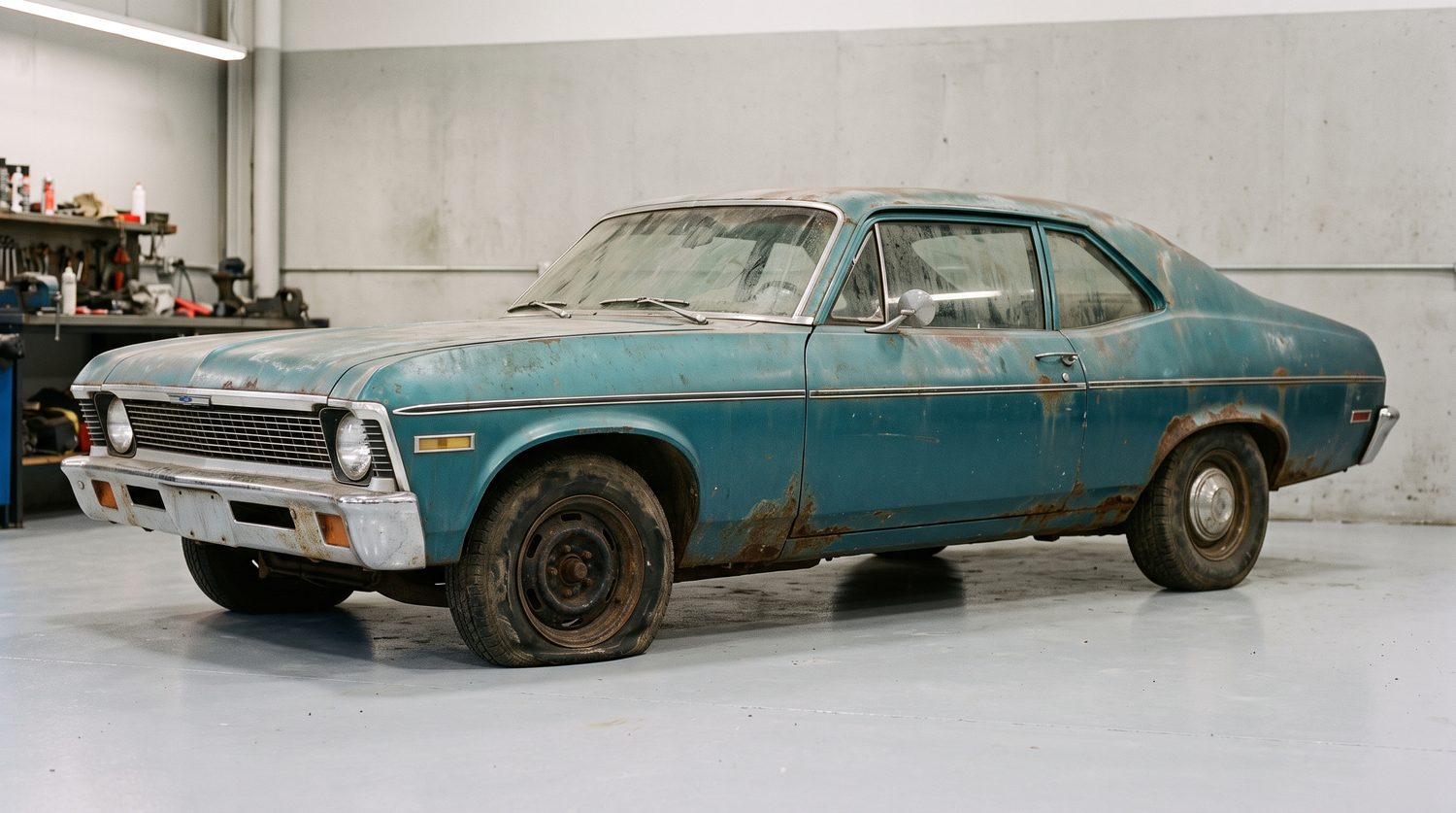 A rusty, faded classic muscle car as it arrived at the shop