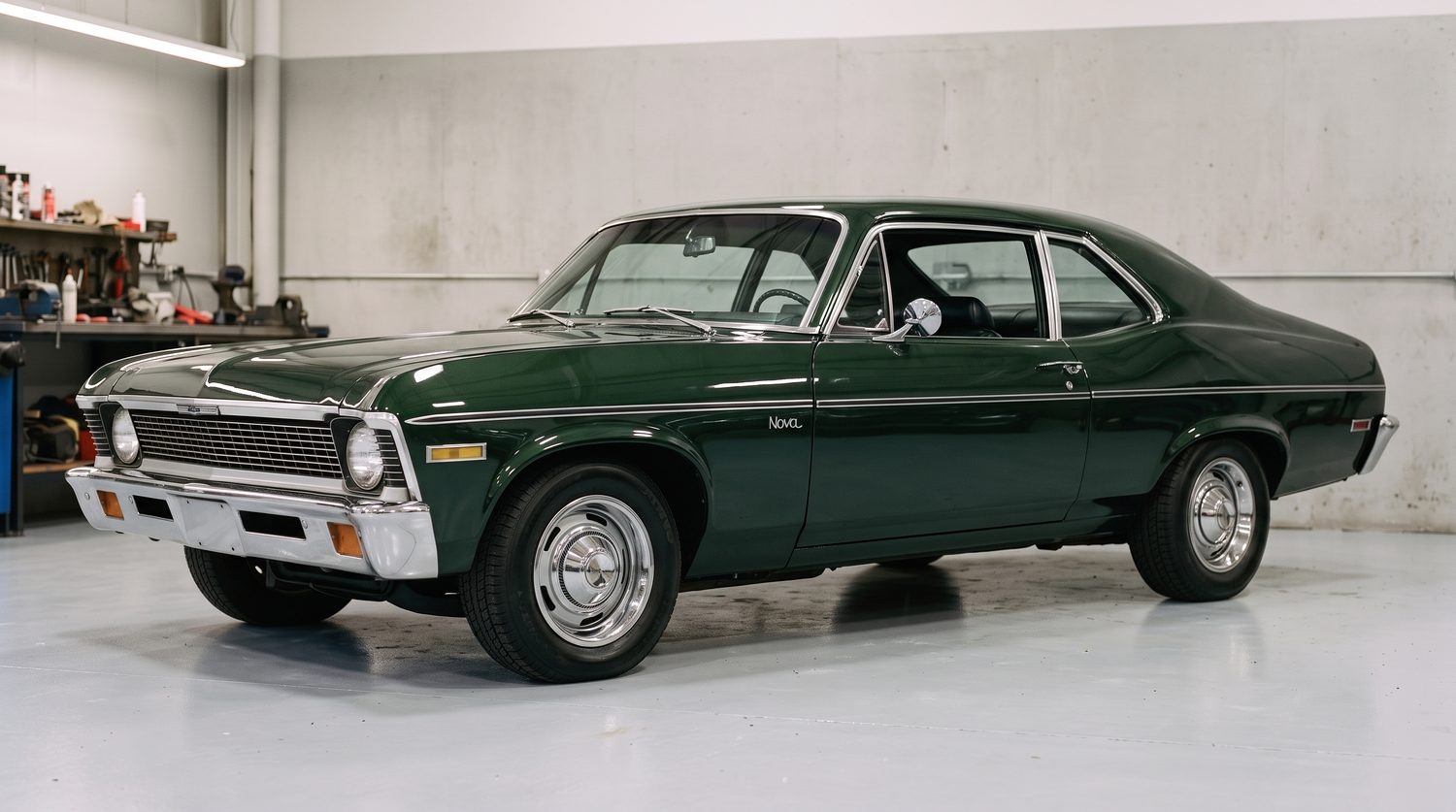 The same classic muscle car after restoration, in deep green paint with polished chrome