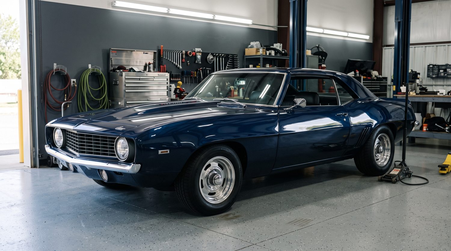 A finished custom build parked in the shop bay