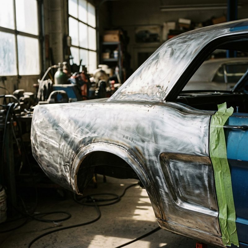 Freshly sanded bare metal bodywork on a classic car quarter panel