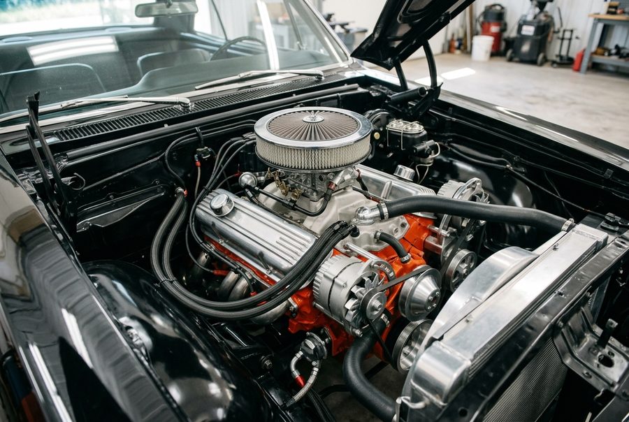 A rebuilt V8 engine bay with polished valve covers and new hoses