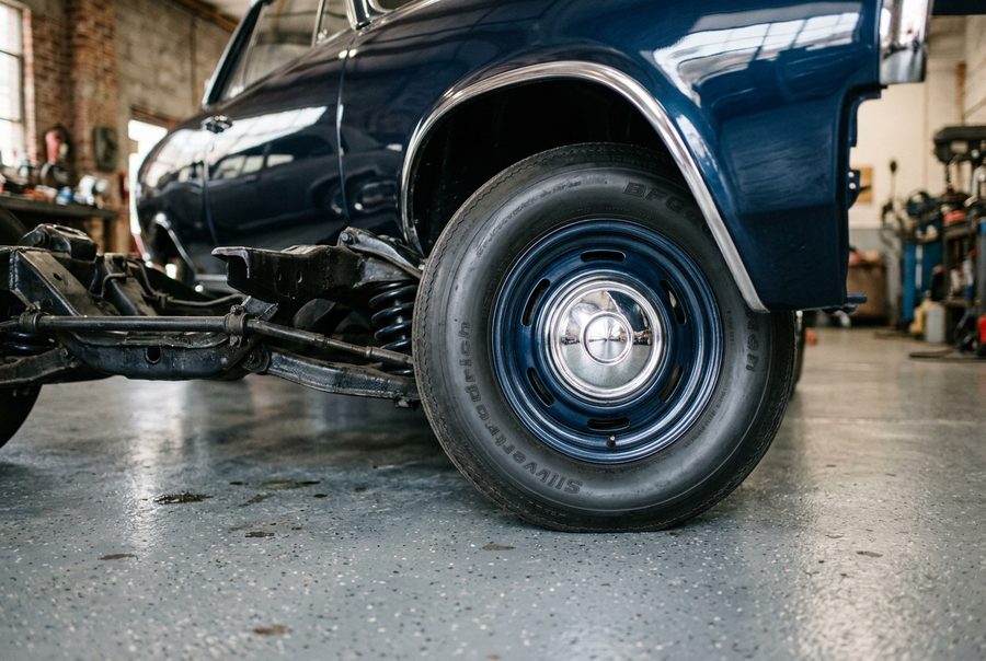 Close detail of a polished steel wheel and glossy fender on a restored car