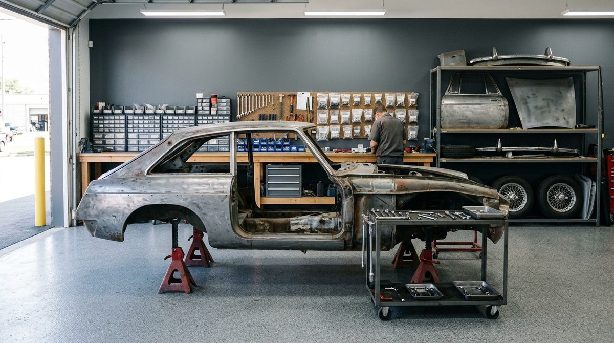 A bare body shell on jack stands during teardown, parts organised on racks