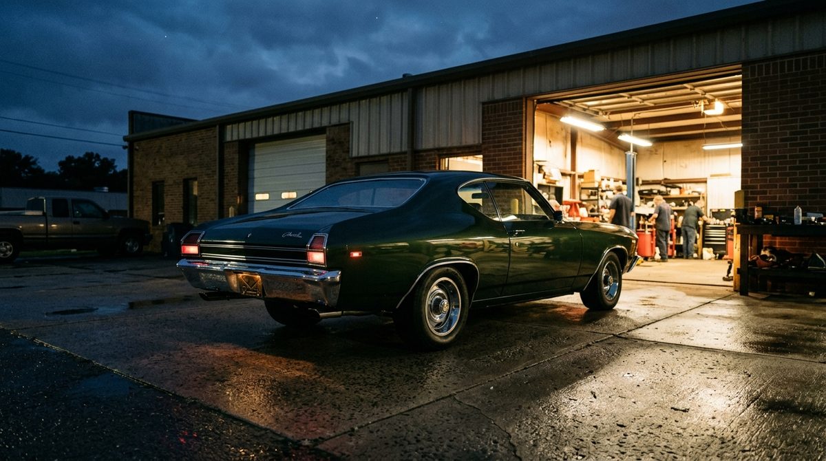 A finished restoration parked outside the shop at dusk