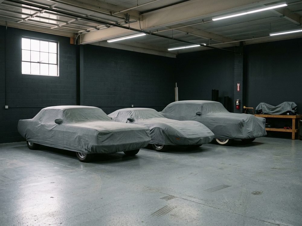 Long-term project cars parked indoors under fitted covers