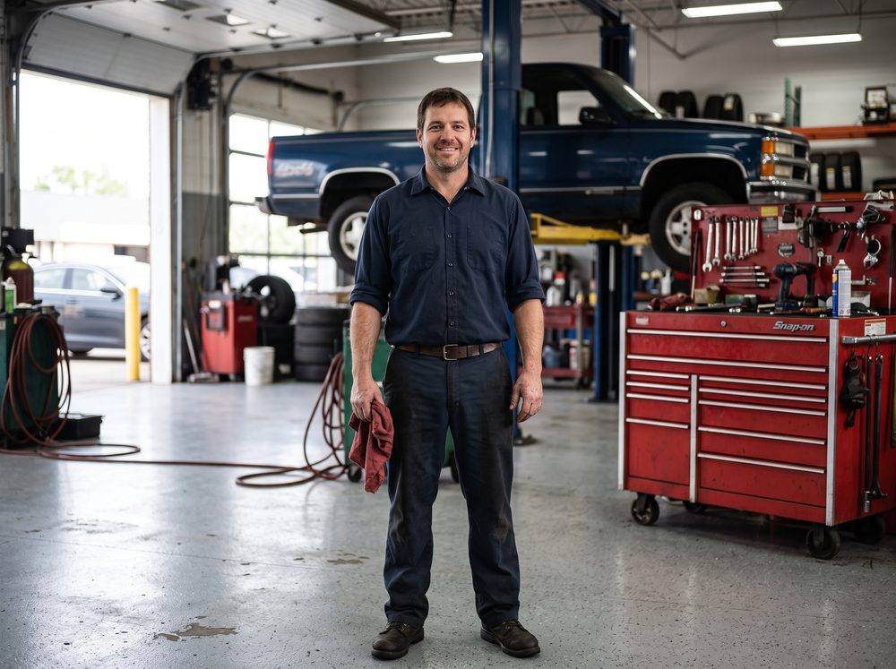 A technician standing in the service bay of the shop