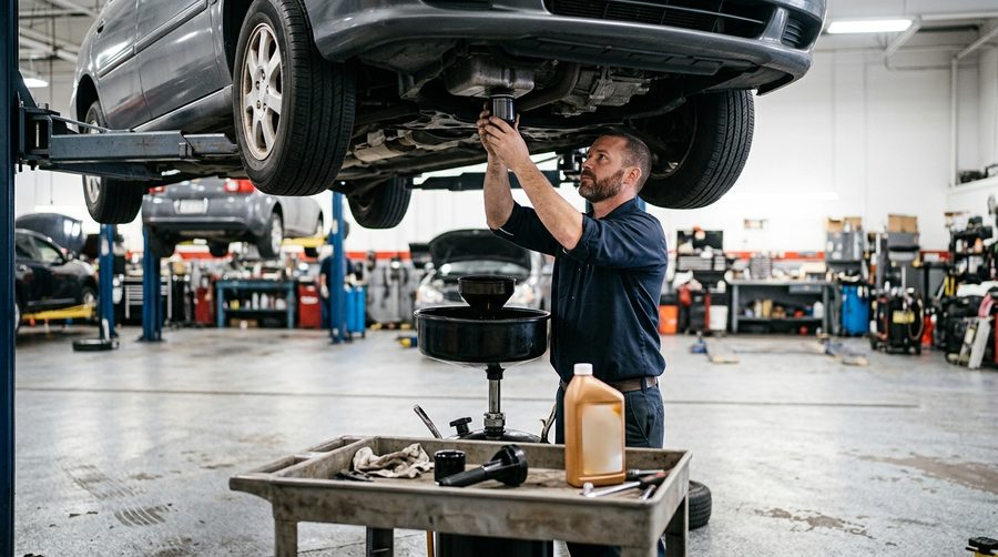 A technician fitting a fresh oil filter under a car raised on the lift