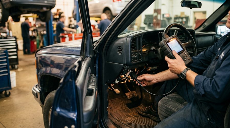 A diagnostic scan tool plugged into a car's OBD port under the dashboard