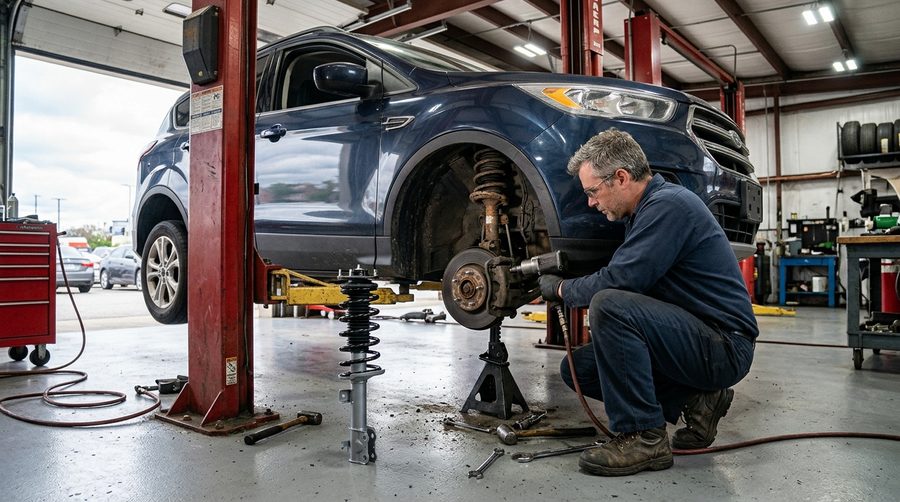 A car on the lift with the wheel off, exposing the strut and coil spring