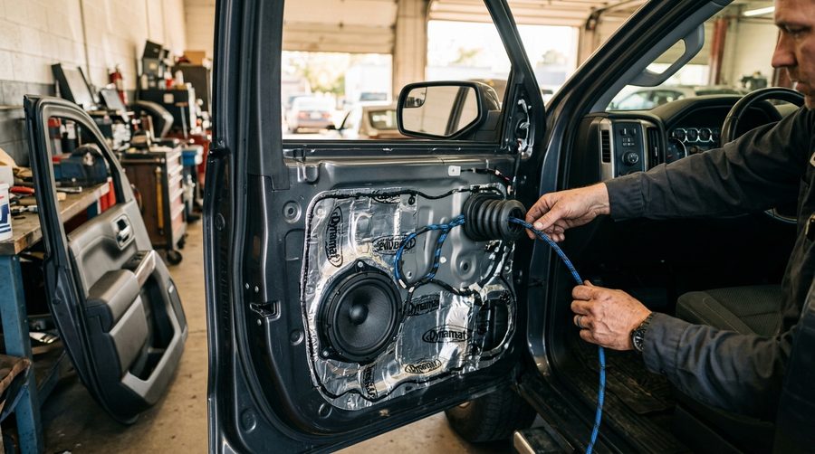 A new speaker and tidy wiring in a car door with the trim panel removed