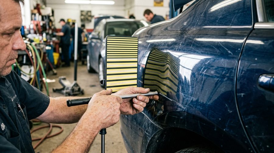 Paintless dent repair on a dark painted panel with a reflection board