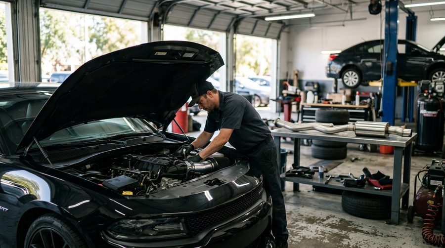 A polished cold-air intake being installed in an engine bay