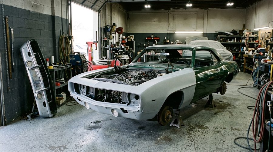 A classic muscle car partway through restoration, primer and fresh paint
